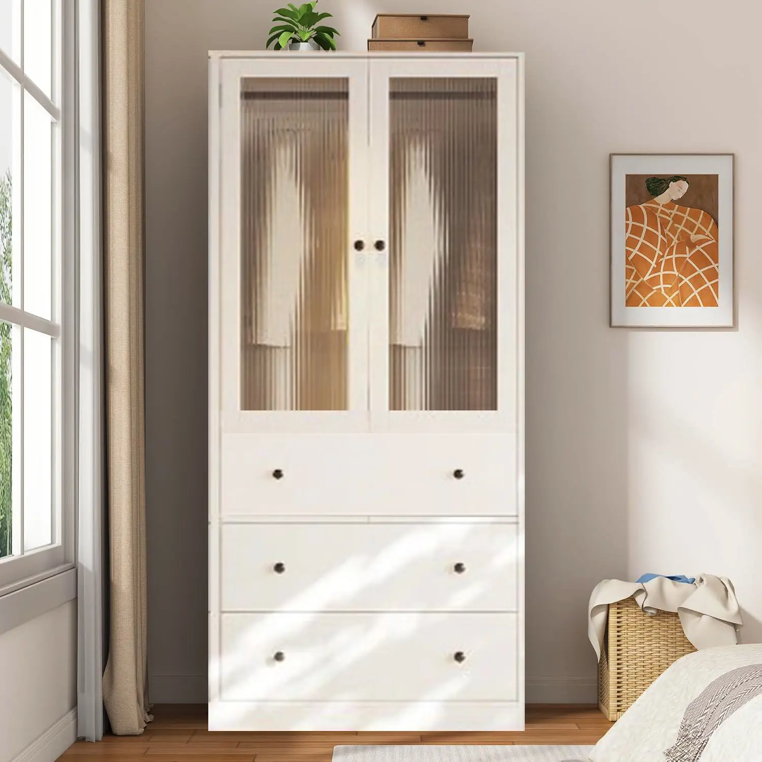 Picture of 2 in 1 wardrobe White Modern Armoire , 2 Door Fluted Glass Hanging Road with 3 Drawer Storage Wardrobe Almari, 2 Part Glass Almirah Hanging Road with Srorage Drawer Almari