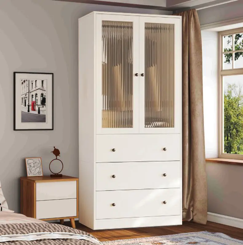 Picture of 2 in 1 wardrobe White Modern Armoire , 2 Door Fluted Glass Hanging Road with 3 Drawer Storage Wardrobe Almari, 2 Part Glass Almirah Hanging Road with Srorage Drawer Almari