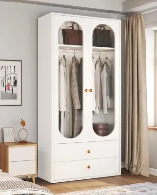 Picture of Modern Glass Door Wardrobe Armoire with 2 Storage Drawer & Hanging Rod Shelve, 2 Glass Door Wardrobe Clothes Cabinet, Milky White 2 Part Glaas Almirah