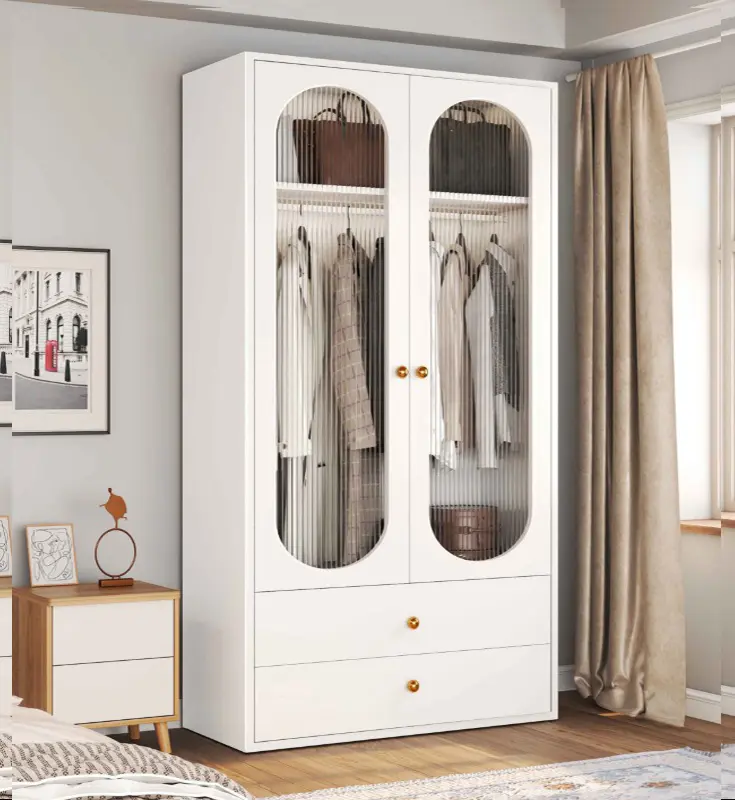 Picture of Modern Glass Door Wardrobe Armoire with 2 Storage Drawer & Hanging Rod Shelve, 2 Glass Door Wardrobe Clothes Cabinet, Milky White 2 Part Glaas Almirah