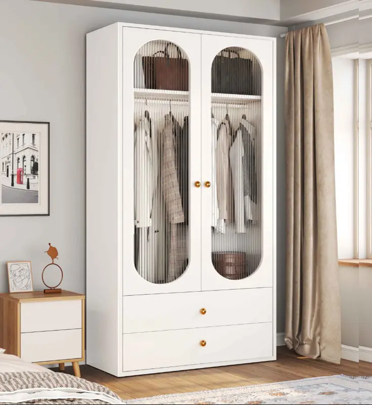 Picture of Modern Glass Door Wardrobe Armoire with 2 Storage Drawer & Hanging Rod Shelve, 2 Glass Door Wardrobe Clothes Cabinet, Milky White 2 Part Glaas Almirah
