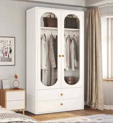 Picture of Modern Glass Door Wardrobe Armoire with 2 Storage Drawer & Hanging Rod Shelve, 2 Glass Door Wardrobe Clothes Cabinet, Milky White 2 Part Glaas Almirah