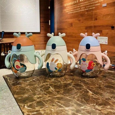 Picture of 350ml Kids Straw Bottle with Gravity Ball Double Handle Drink Leaning Feeding Bottle Sippy Cup Cartoon Printed Water Bottle