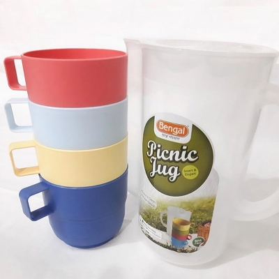 Picture of Plastic Jug With Multicolor Cup picnic jug Tea cup set with Jug - 5pcs Set