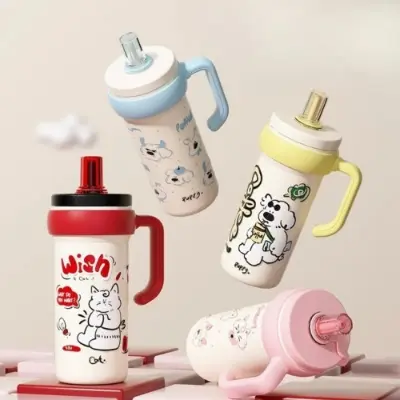 Picture of Insulated drink tumblers with handles and straws decorated with various design 800 ml capacity