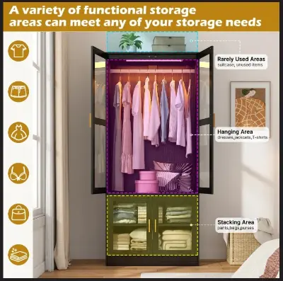 Picture of 4-Door 71" H Armoire With LED Sensor Light And Hanging Rod & 2 Door Shalve Storage Wardrobe, Modern Black LED Sensor Light Almirah