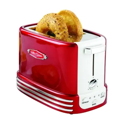 Picture of Nostalgia New and Improved Wide 2-Slice Toaster Perfect for Bread, English Muffins, Bagels, 5 Browning Levels, with Crumb Tray & Cord Storage, Retro Red