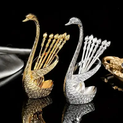 Picture of 1 set of 7pcs European-style light luxury swan spoon rest, Western restaurant tableware storage, home kitchen and restaurant table accessories, can hold spoons, forks, chopsticks