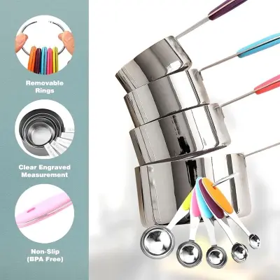 Picture of Stainless Steel Measuring Cups and Spoons Set of 09 Piece, Premium Nesting Metal Measuring Cups Set with Silicone Handles for Dry and Liquid Ingredients, Cooking & Baking