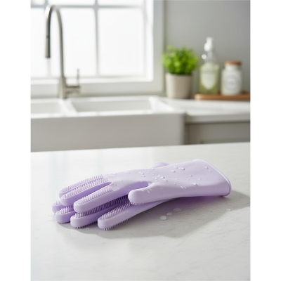 Picture of Silicone Dish Washing Kitchen Hand Gloves 2 pcs ( Purple) - Purple