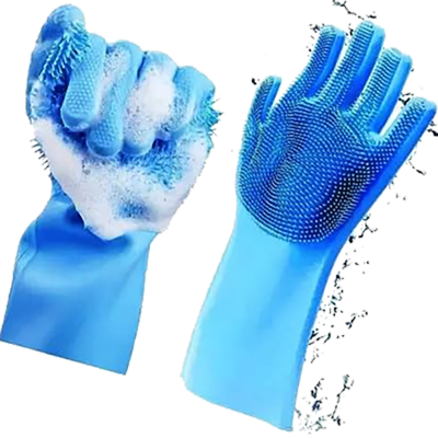 Picture of Silicone Dish Washing Kitchen Hand Gloves 2 pcs ( Blue) - Blue