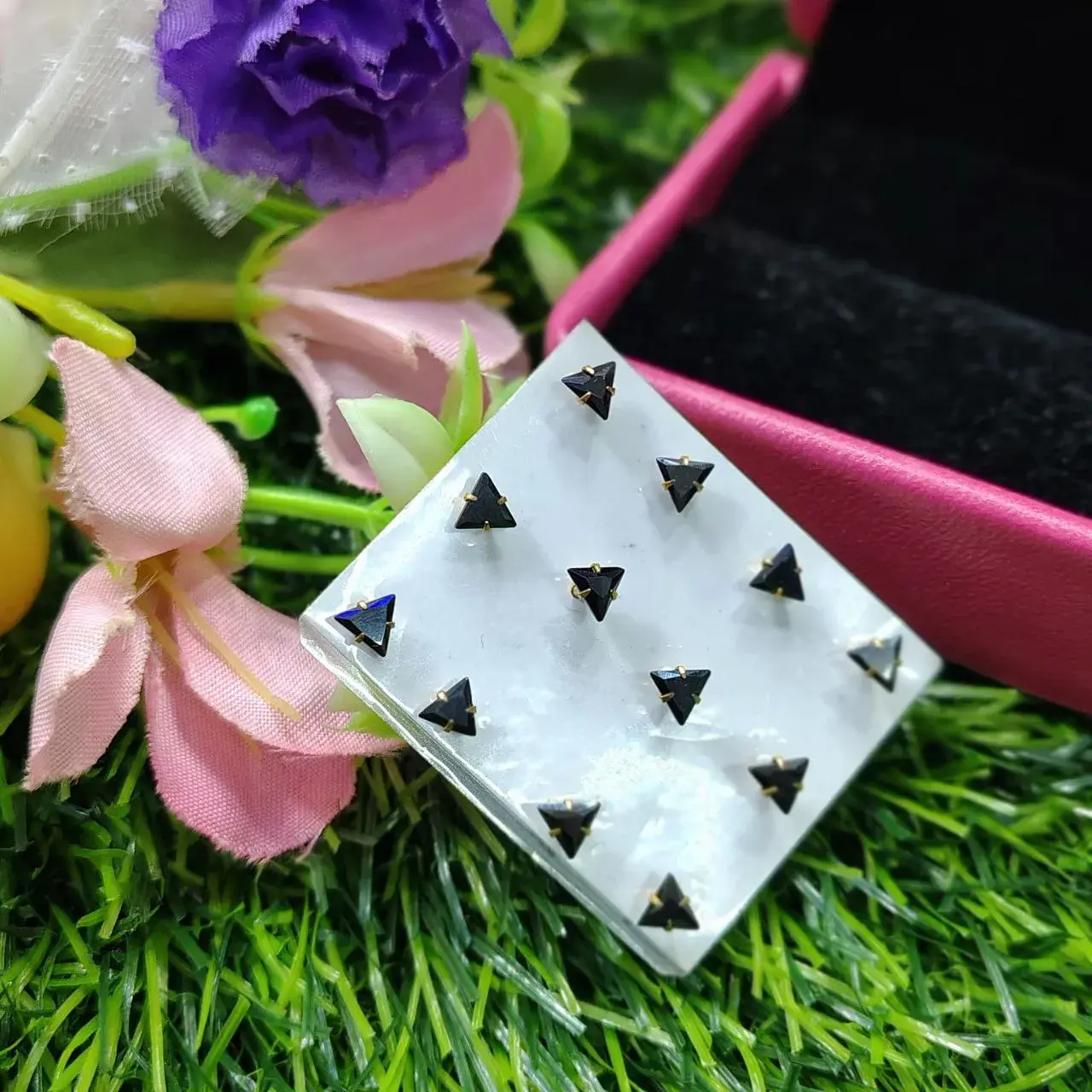 Picture of tiny crystal triangle earrings | black Nose pin