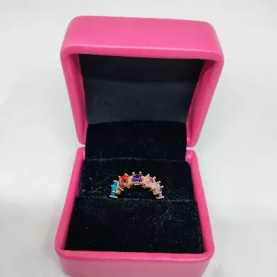 Picture of vibrant gold ring adorned with colorful gemstones,