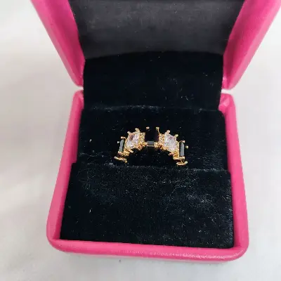 Picture of vibrant gold ring adorned with colorful gemstones.