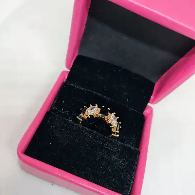 Picture of vibrant gold ring adorned with colorful gemstones.