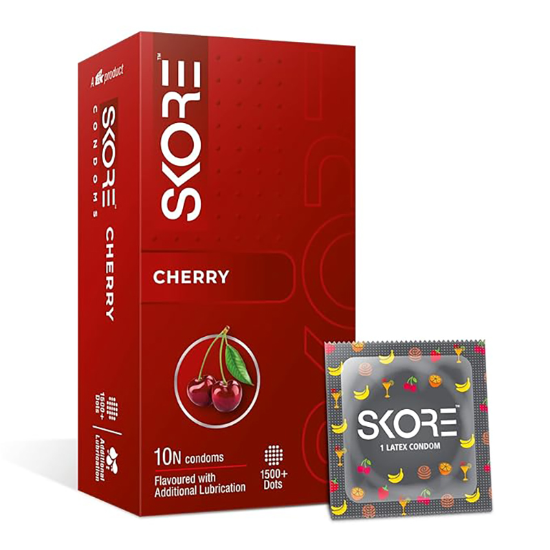 Picture of Skore Cherry Flavored 1500+ Dotted with Extra Lubrication Condom - 10pcs Pack - Cherry