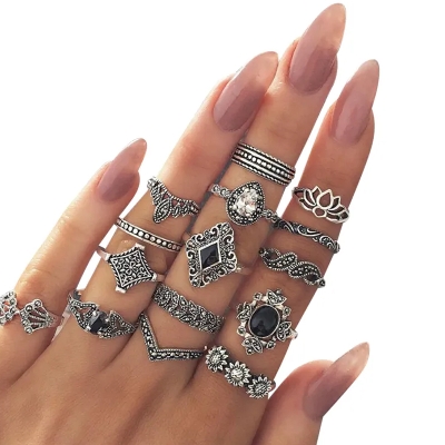 Picture of 15 Pcs Different Trendy Finger Ring Set for Women - Ring For Girls - Silver