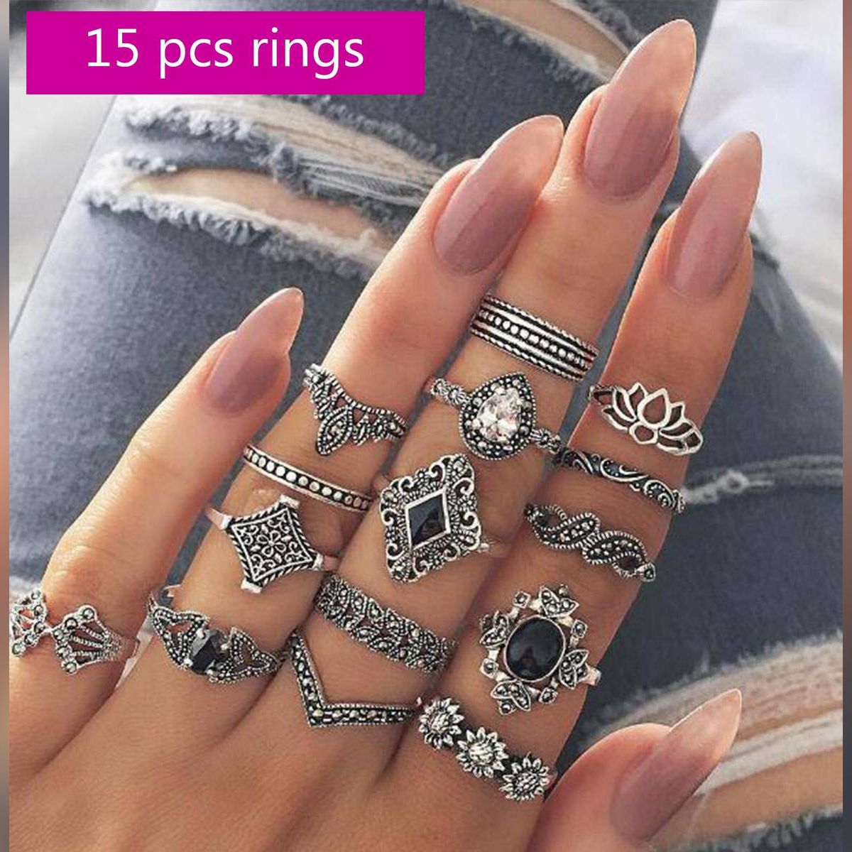 Picture of 15 Pcs Different Trendy Finger Ring Set for Women - Ring For Girls - Silver