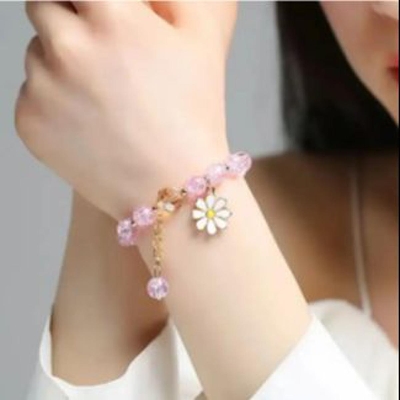 Picture of 1pcs Summer Daisy Colorful Crystal Beads Bracelet for Women Sweet Lovely Lucky Bracelet Girlfriends Best Friends Bracelet Jewelry Gift - Pink
