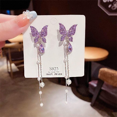 Picture of Fashion gold silver rhinestone crystal butterfly earrings - Purple