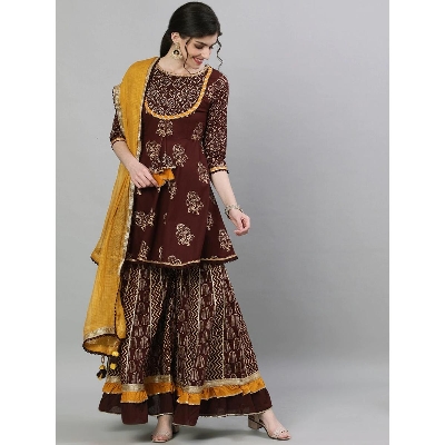 Picture of Highly Durable - Women's Cotton Brown Embellished Peplum Kurta Sharara Dupatta Set - Sustainable Choice - Understated Sophistication - Chocolate