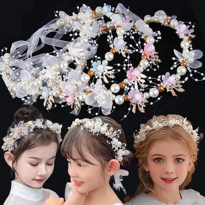 Picture of Headband Bridal Children Wedding Crown Hair Accessories Pearl Flower Hair Band Tiara Crystal Girls Gift Headpiece Hair Jewelry - White