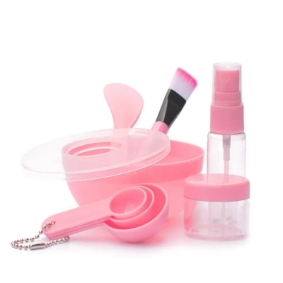 Picture of Face Mixing Bowl Set DIY Big Volume Facial Care Face Silicone Bowl Spa Manual Wash Brush Measuring Spoons Spatula Makeup Headband and Exfoliating Sponge 9 in 1 Set Pink - Multicolor