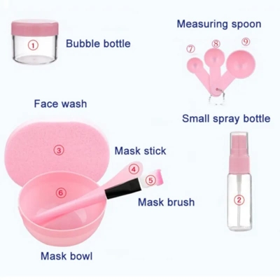 Picture of Face Mixing Bowl Set DIY Big Volume Facial Care Face Silicone Bowl Spa Manual Wash Brush Measuring Spoons Spatula Makeup Headband and Exfoliating Sponge 9 in 1 Set Pink - Multicolor