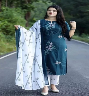 Picture of Readymade Linen Skin Print Ladies Casual Three Piece Shalwar Kameez for Women - Cyan