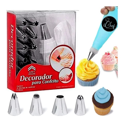 Picture of 12 Pieces Cake Decorating Set Frosting Icing Piping Bag Tips with Steel Nozzles - Silver