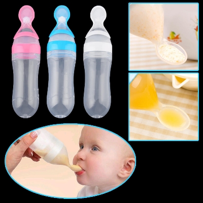 Picture of 90ml Silicone Baby Food Dispensing Spoon & Feeder, Travel Baby Training Bottle with Spoon Soft Head Baby Feeding Tools kids - Multicolor
