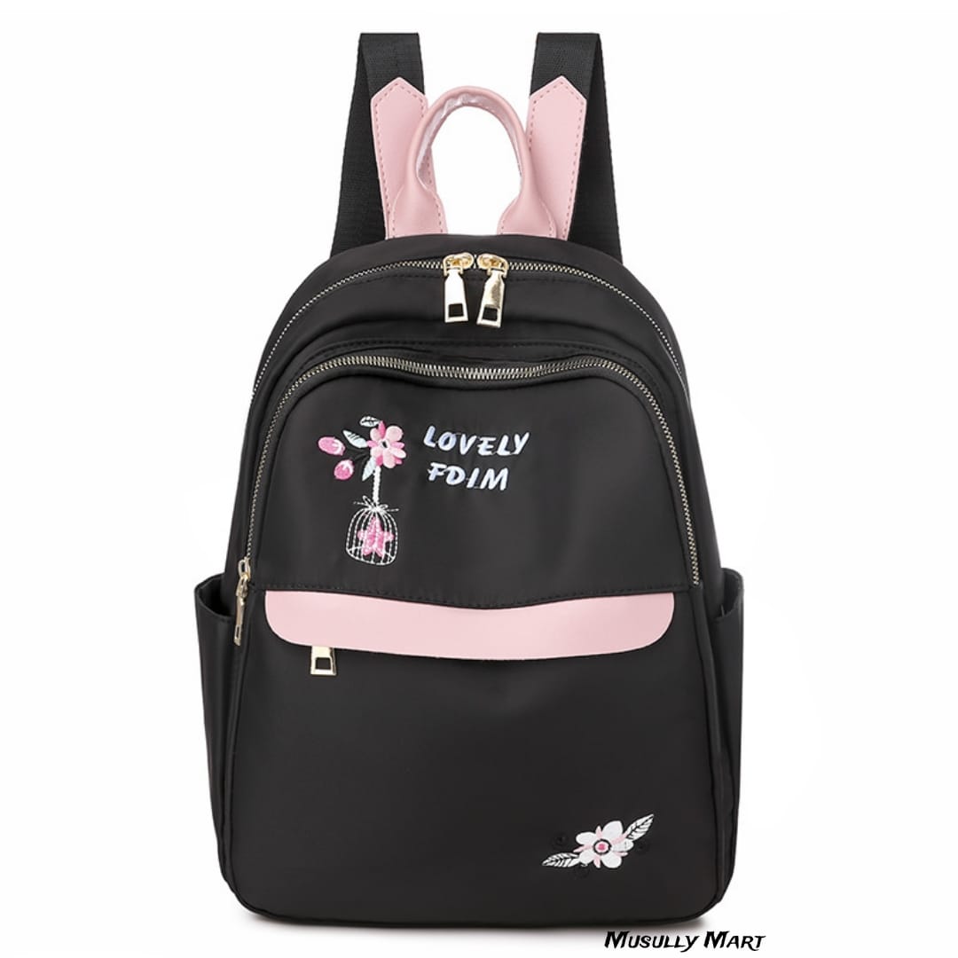 Picture of Flower Ladies Backpack Embroidered Shoulder School Bags Women Daily Travel Anti-Theft Bagpack - Black