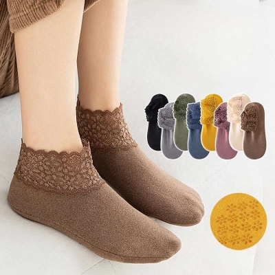 Picture of 1 Pairs Warm Socks Women Winter Autumn Thickened Velvet Loose Lace Mouth Sleep Socks for Girls Thermal Floor Socks - Multicolor