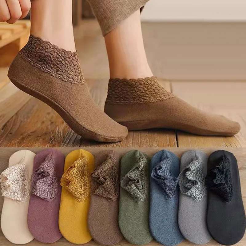 Picture of 1 Pairs Warm Socks Women Winter Autumn Thickened Velvet Loose Lace Mouth Sleep Socks for Girls Thermal Floor Socks - Multicolor