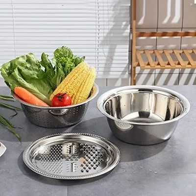 Picture of 3-in-1 Multifunctional Stainless Steel Basin With Grater, Vegetable Cutter with Drain Basket