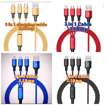 Picture of 3 in 1 USB data cable fast charging 2.4A supported fast charging cable for mobile-Gold, Blue, Red