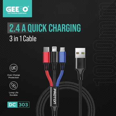 Picture of Geeoo 2.4A Fast Charging 3 in 1 Cable 1M Long DC 303-Multicolor