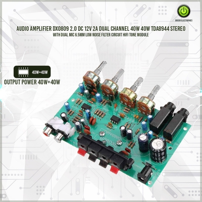 Picture of Audio Amplifier DX0809 2.0 DC 12V 2A Dual Channel 40W 40W TDA8944 Stereo With Dual MIC 6.5mm Low Noise Filter Circuit HIFI Tone Module