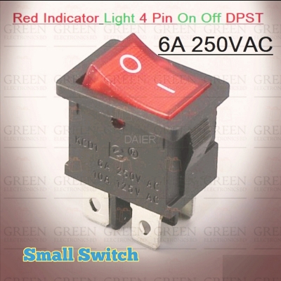 Picture of 1pc Small Red Indicator Light 4 Pin On Off DPST Rocker Switch 2 Positions 6A/250VAC 10A/125VAC