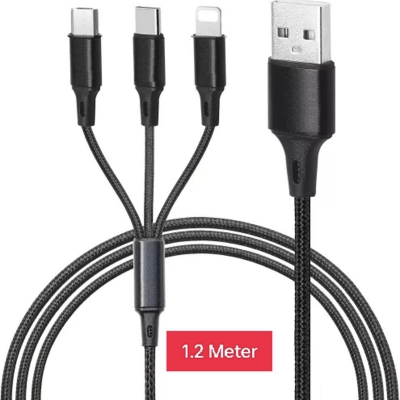 Picture of 3 in 1 Charging USB Cable for iPhone, Type-C & Micro USB Wire Cord-Black, Red