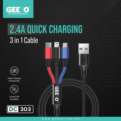 Picture of GEEOO DC-303 2.4A Super Fast Charging 3IN 1 Cable 100cm long cable-Black