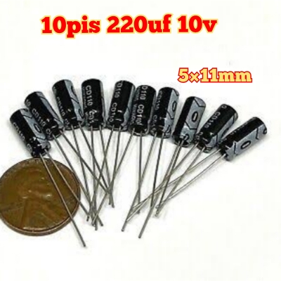 Picture of 10 Pack Electrolytic capacitor 220UF 10v 105c 5mm x 11mm Radial G417