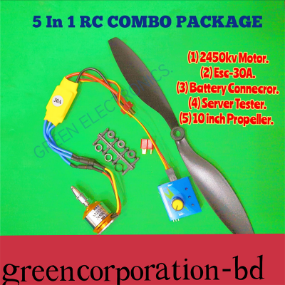 Picture of 5 in 1 Rc item combo package Esc 30a, 10inch Propoler, servo tester, t connector, 2450kv brashless motor-Multicolor