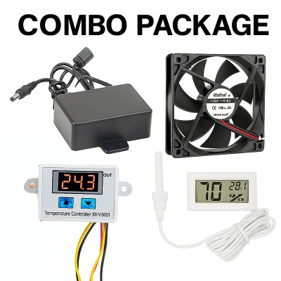 Picture of Combo for DIY Incubator W1209 12V DC Digital Temperature Controller with 12v 2amp Adapter, Lcd Temperatur Meter, Temperatur XH-W3001 Controller, near 4 inc 12v Coller Fan. incubator controller combo pack