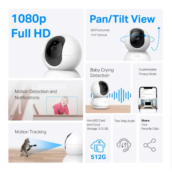 Picture of Tapo C200c Indoor Pan/Tilt Home Security Wi-Fi Camera, FHD, Surveillance Camera, Night Vision, 360° Viewing Angle, Two Way Audio, Motion Detection and Notifications, Integrated Acoustic and Clear Alarm