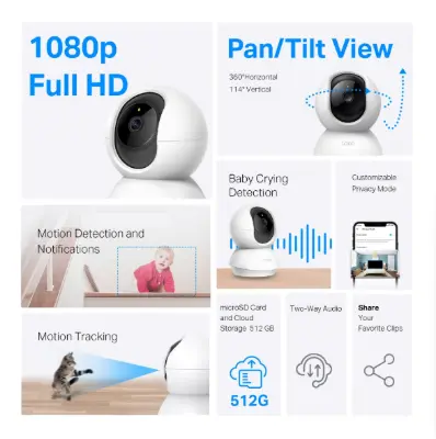 Picture of Tapo C200c Indoor Pan/Tilt Home Security Wi-Fi Camera, FHD, Surveillance Camera, Night Vision, 360° Viewing Angle, Two Way Audio, Motion Detection and Notifications, Integrated Acoustic and Clear Alarm