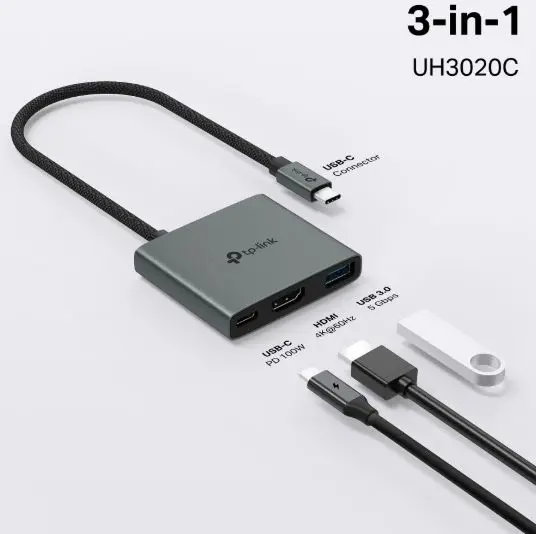 Picture of TP-Link UH3020C USB-C 3-in-1 Multiport Hub with 2 USB-A Ports & USB-C Power Delivery
