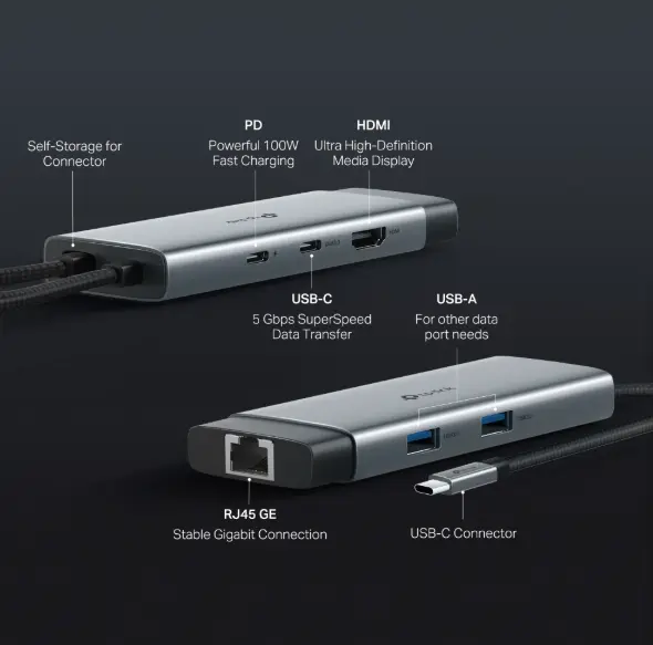 Picture of TP-Link UH6120C USB-C 6-in-1 Multi-Port Hub (4K@60Hz HDMI, Gigabit Ethernet, 100W PD Charging, USB-C Data, 2× USB 3.0 Ports)