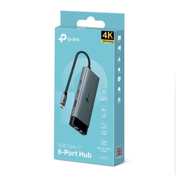 Picture of TP-Link UH6120C USB-C 6-in-1 Multi-Port Hub (4K@60Hz HDMI, Gigabit Ethernet, 100W PD Charging, USB-C Data, 2× USB 3.0 Ports)