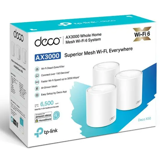 Picture of TP-Link Deco X50 3 Pack AX3000 Whole Home Mesh WiFi 6 System Covers up to 6,500 Sq.Ft Supports up to 150 devices with Gigabit ports